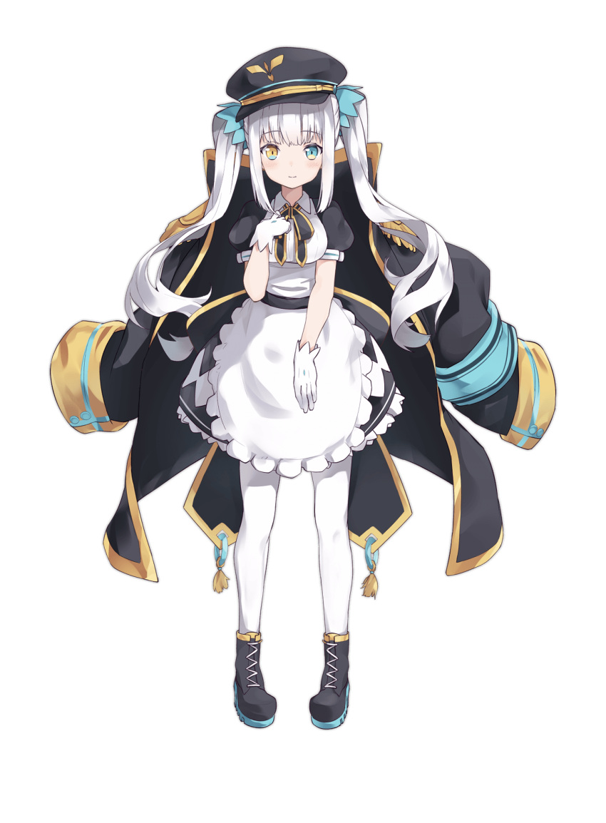 1girl apron ark_order artist_request bangs black_bow black_dress black_footwear black_headwear blue_eyes boots bow bowtie coat coat_on_shoulders dress epaulettes food gloves hand_on_own_chest hat heterochromia highres holding kagura_gumi kagura_mea long_hair maid military_hat official_art pantyhose puffy_short_sleeves puffy_sleeves short_sleeves smile smirk solo tachi-e transparent_background twintails very_long_hair virtual_youtuber white_gloves white_legwear yellow_eyes