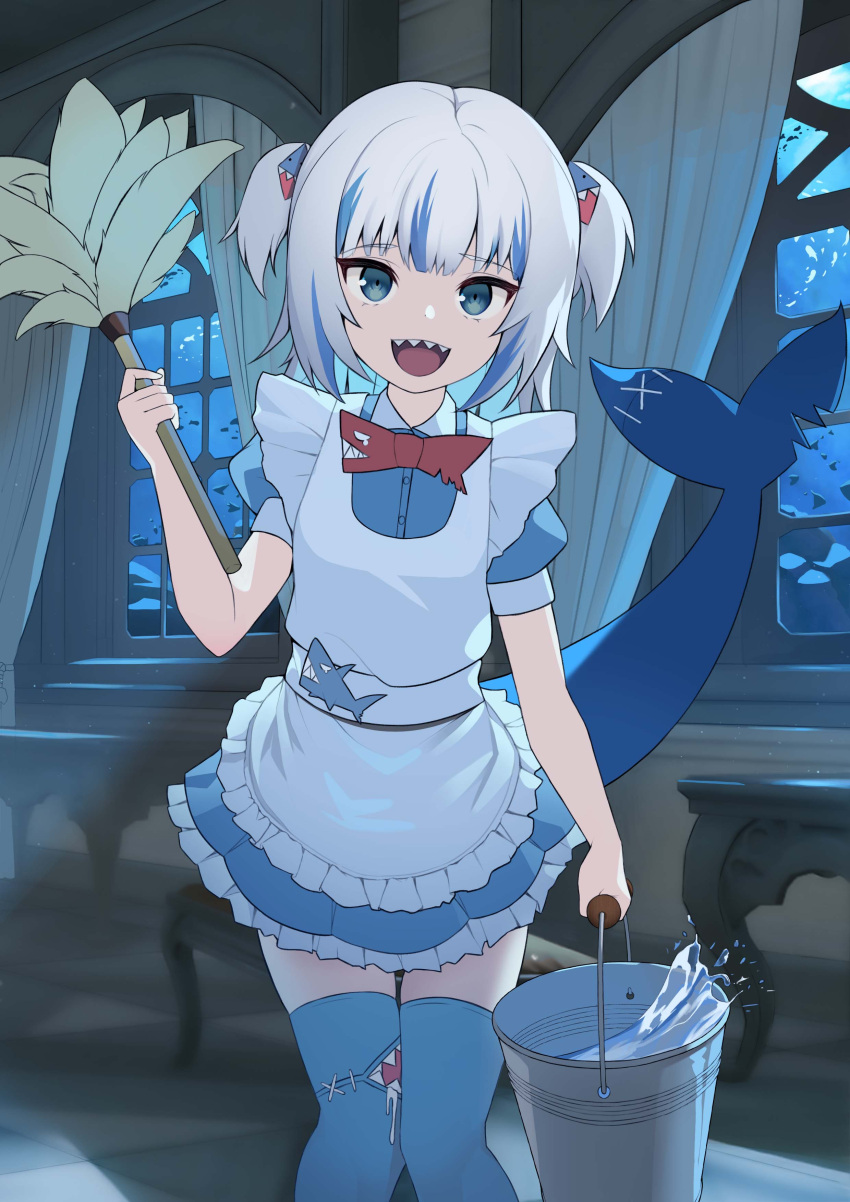 1girl :d absurdres alternate_costume apron bangs belt blue_eyes blue_hair blue_legwear blue_shirt bucket bucket_of_water duster eyebrows_visible_through_hair fish_tail flat_chest frilled_apron frilled_skirt frills gawr_gura hair_between_eyes hair_ornament highres hololive hololive_english indoors looking_at_viewer maid_apron multicolored_hair open_mouth red_neckwear reflector178 shark_girl shark_hair_ornament shark_print shark_tail sharp_teeth shirt short_hair silver_hair skirt smile solo streaked_hair tail teeth thigh-highs two_side_up virtual_youtuber white_belt zettai_ryouiki