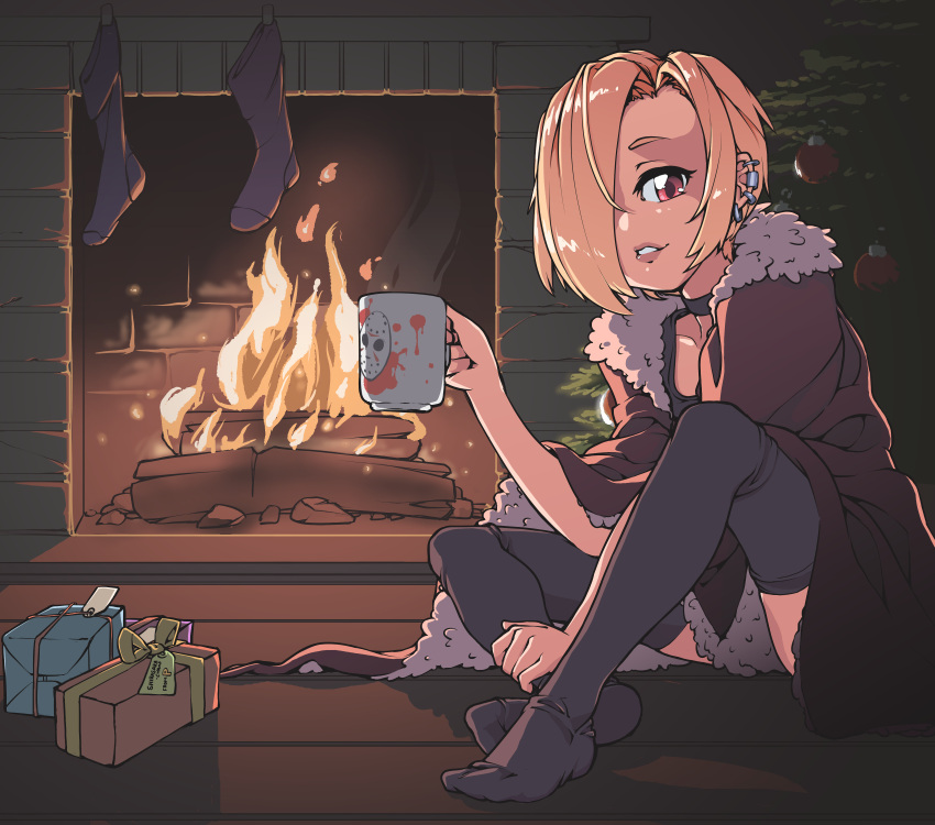 1girl black_legwear blonde_hair blood blood_splatter box choker christmas_stocking cup ear_clip ear_piercing fire fireplace fur_trim gift gift_box hair_over_one_eye halloween_(movie) highres hockey_mask idolmaster idolmaster_cinderella_girls jarv looking_at_viewer mug multiple_piercings piercing red_eyes shirasaka_koume short_hair smile solo steam thigh-highs thighs