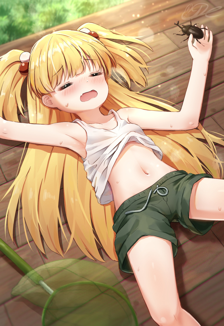 1girl =_= animal armpits bangs bare_shoulders blonde_hair blush breasts butterfly_net closed_eyes clothes_lift collarbone commentary cowboy_shot day eyebrows_visible_through_hair fang grass green_shorts hair_bobbles hair_ornament hand_net highres holding holding_animal hot idolmaster idolmaster_cinderella_girls j2l jougasaki_rika lens_flare long_hair lying navel on_back open_mouth shadow shirt_lift short_shorts shorts sidelocks signature skin_fang small_breasts solo stag_beetle stomach summer sweat tank_top two_side_up white_tank_top