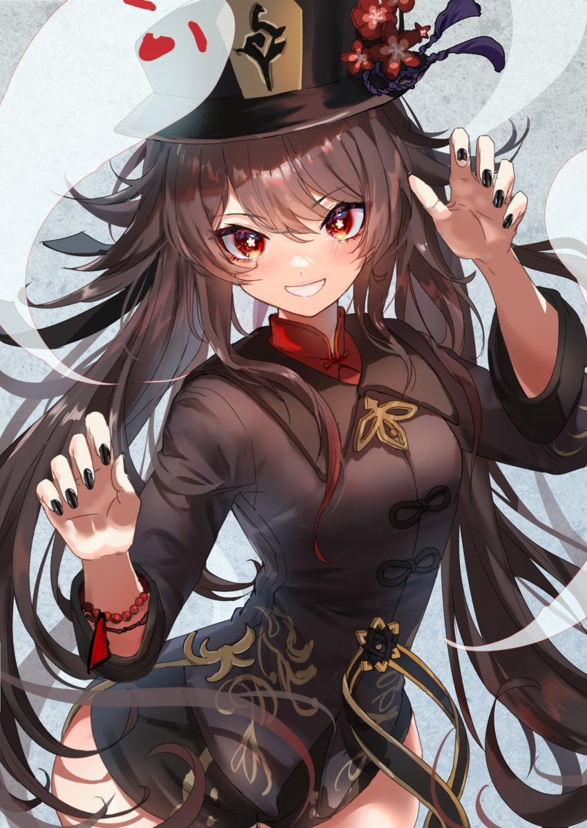 1girl bangs black_headwear black_nails black_shorts blush breasts brooch brown_hair collared_coat collared_shirt colored_tips commentary_request eyebrows_visible_through_hair flower flower-shaped_pupils genshin_impact ghost hat hat_flower hat_ornament highres hu_tao_(genshin_impact) jewelry long_hair long_sleeves looking_at_viewer nail_polish open_mouth plum_blossoms porkpie_hat red_eyes red_shirt shirt shorts smile solo symbol-shaped_pupils talisman tassel twintails very_long_hair yavalley