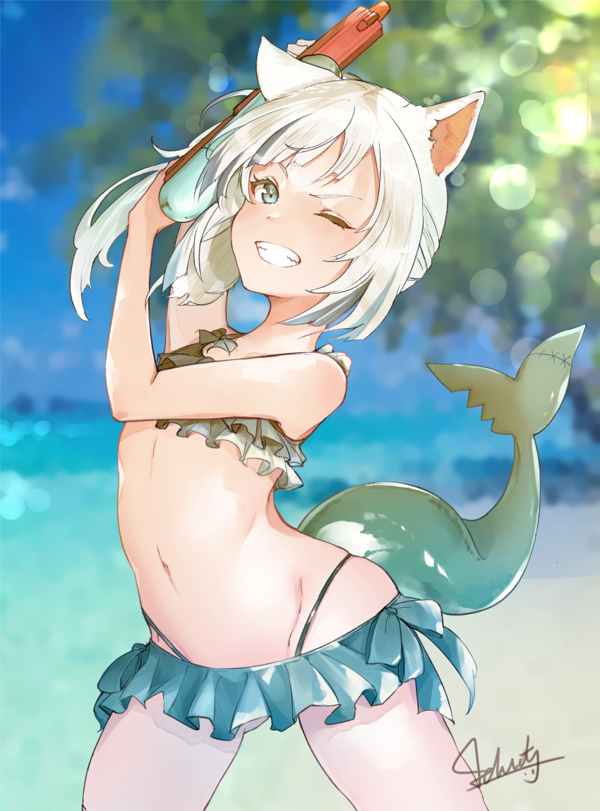 1girl absurdres animal_ears ass_visible_through_thighs bare_arms bare_legs bare_shoulders beach bikini blue_eyes blue_hair cat_ears cowboy_shot fish_tail flat_chest frilled_bikini frills gawr_gura grin highleg highleg_panties highres hololive hololive_english jjjehuty looking_at_viewer midriff multicolored_hair navel one_eye_closed panties shark_girl shark_tail short_hair silver_hair sleeveless smile solo source_request streaked_hair swimsuit tail teeth underwear virtual_youtuber water_gun