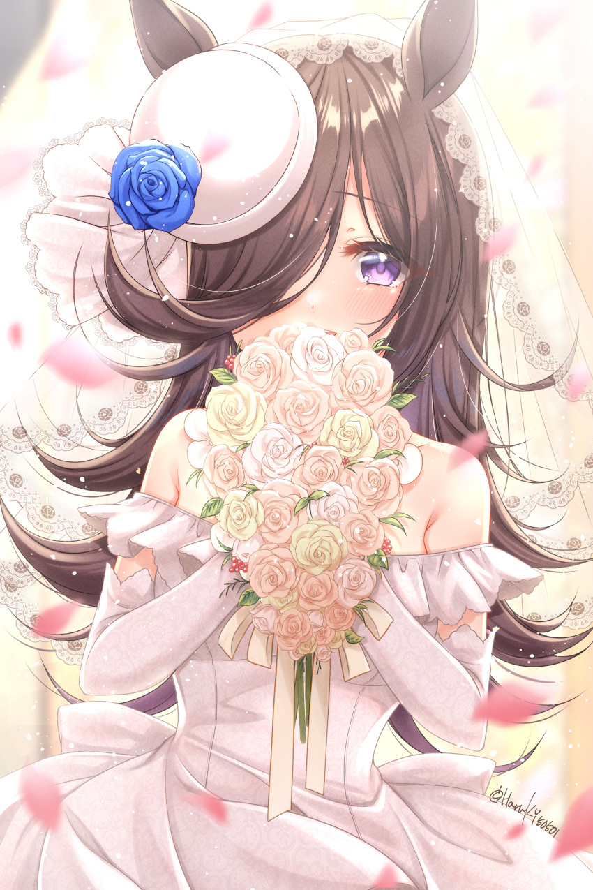 1girl absurdres animal_ears bangs black_hair blue_flower blue_rose blurry blurry_background blurry_foreground blush bouquet commentary_request depth_of_field dress elbow_gloves eyebrows_visible_through_hair flower gloves hair_over_one_eye haruki_(colorful_macaron) hat hat_flower highres holding holding_bouquet horse_ears long_hair looking_at_viewer off-shoulder_dress off_shoulder petals rice_shower_(umamusume) rose see-through smile solo tilted_headwear twitter_username umamusume veil very_long_hair violet_eyes white_dress white_flower white_gloves white_headwear white_rose yellow_flower yellow_rose