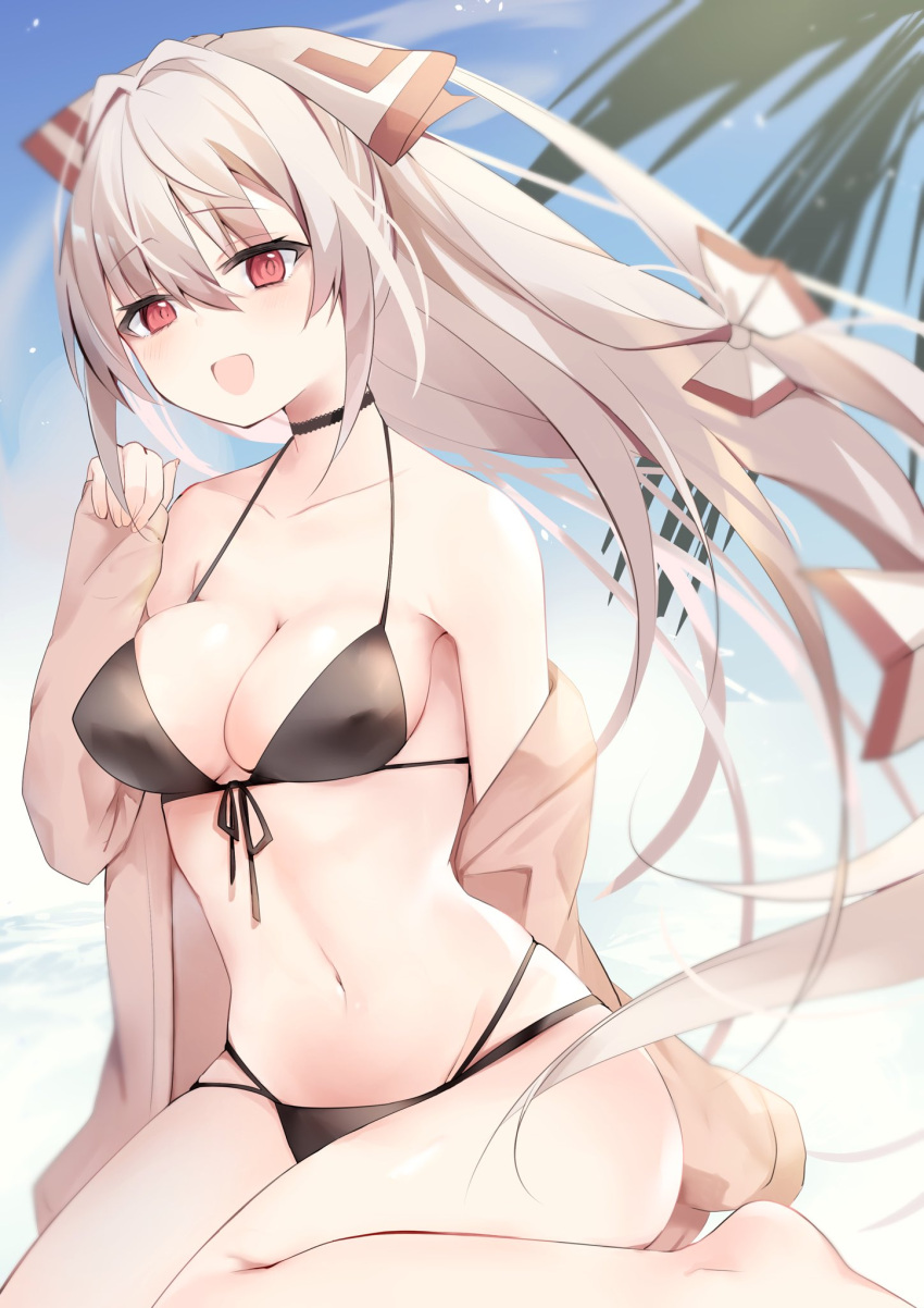 1girl :d bare_shoulders bikini black_bikini blush bow breasts choker collarbone cowboy_shot day eyebrows_visible_through_hair fujiwara_no_mokou highres hiiro60 jacket long_hair looking_at_viewer midriff multicolored multicolored_bow navel open_clothes open_jacket open_mouth outdoors red_bow red_eyes sitting sky smile solo swimsuit touhou undressing very_long_hair white_bow white_hair white_headwear