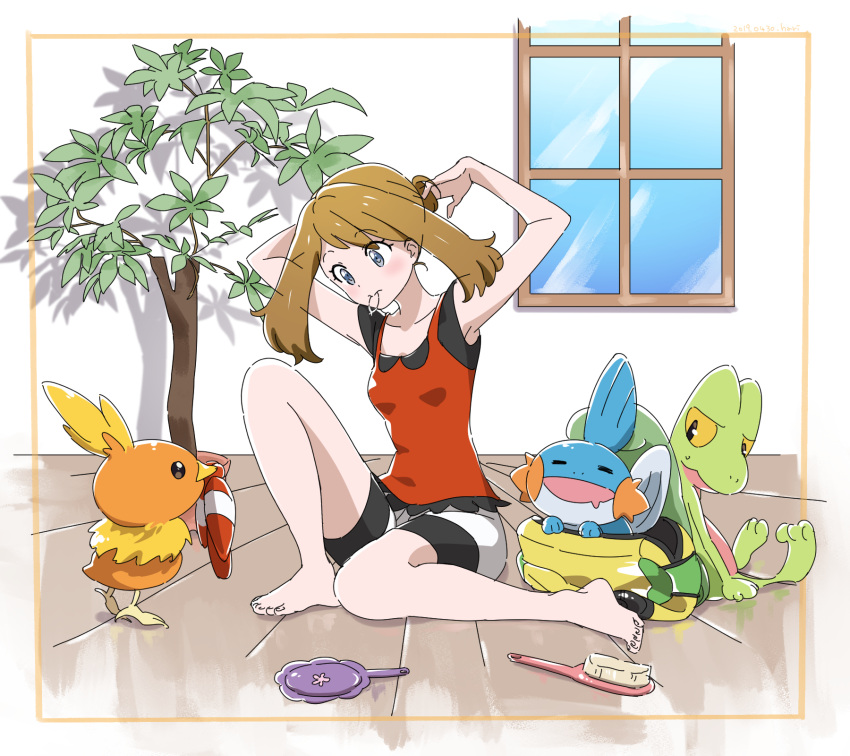 1girl arms_behind_head bag barefoot bike_shorts black_shirt blue_eyes breasts brown_hair gen_3_pokemon hair_brush hair_tie hand_mirror hari611 highres in_bag in_container indoors long_hair may_(pokemon) mirror mouth_drool mudkip no_headwear no_shoes on_floor plant pokemon pokemon_(creature) pokemon_(game) pokemon_oras red_tank_top shirt sitting small_breasts starter_pokemon starter_pokemon_trio tank_top torchic treecko tying_hair window yellow_bag