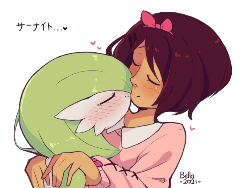 2girls artist_name artist_self-insert bangs bella_(bellavoirr) bellavoirr blush bob_cut bow brown_hair character_name closed_eyes closed_mouth collared_shirt colored_skin commentary dark-skinned_female dark_skin dated english_commentary flat_chest from_behind gardevoir gen_3_pokemon green_hair green_skin hair_ornament hair_over_one_eye hairband hairclip hands_on_another's_shoulders hands_up happy heart interspecies kiss long_sleeves mixed-language_commentary multicolored multicolored_skin multiple_girls nose_blush original pink_bow pink_hairband pink_shirt pokemon pokemon_(creature) shiny shiny_hair shiny_skin shirt short_hair sidelocks signature simple_background sketch smile spoken_heart talking translated two-tone_skin upper_body white_background white_skin yuri