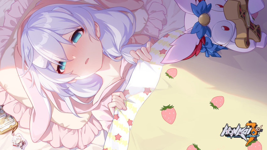 1girl :o absurdres artist_request bangs bed bed_sheet blue_eyes cellphone doll from_above hair_between_eyes highres homei_(honkai_impact) honkai_(series) honkai_impact_3rd looking_at_viewer official_art open_mouth pajamas phone pillow shadow sick side_ponytail solo theresa_apocalypse towel towel_on_head white_hair