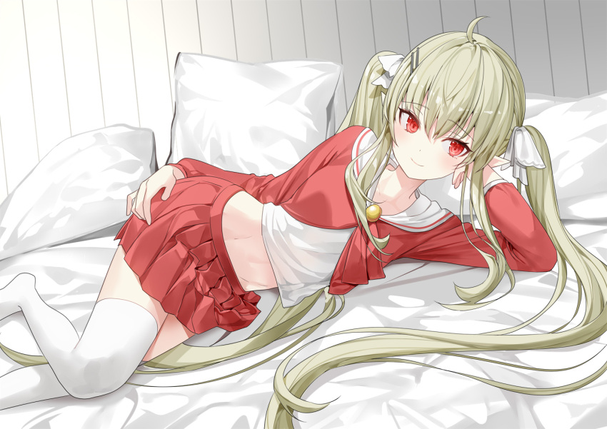 1girl ahoge closed_mouth collared_shirt crop_top green_hair groin hair_ornament hair_ribbon hairclip long_hair long_sleeves looking_at_viewer lying midriff miniskirt navel no_shoes on_bed on_side original pillow pleated_skirt pointy_ears red_eyes red_shirt red_skirt ribbon ronopu shirt sidelocks skirt smile solo stomach thigh-highs very_long_hair white_legwear white_shirt zettai_ryouiki