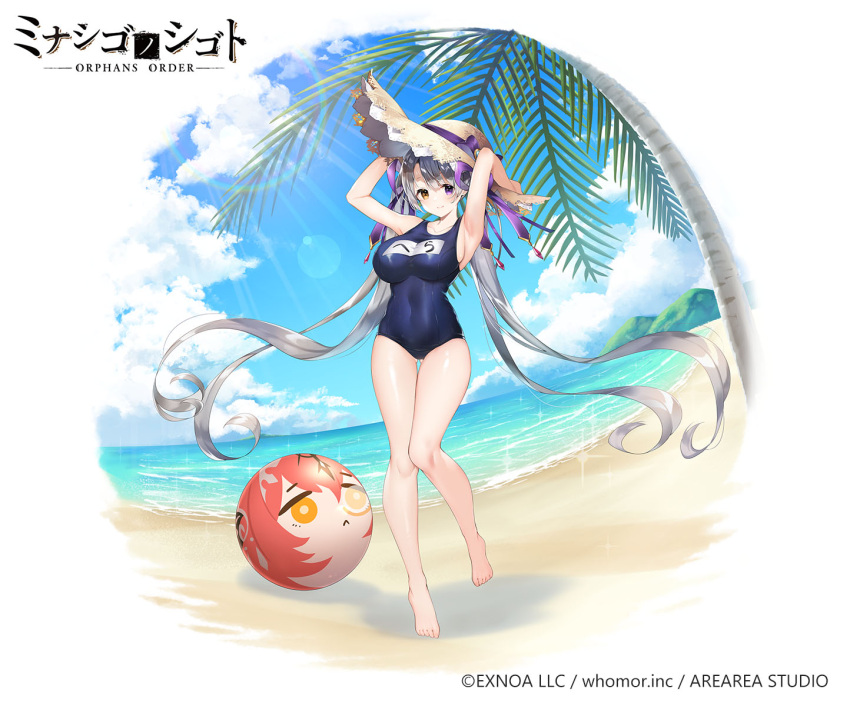 1girl ass_visible_through_thighs bangs barefoot beach blue_swimsuit breasts copyright_request day grey_hair hat heterochromia highres large_breasts long_hair looking_at_viewer name_tag official_art one-piece_swimsuit outdoors sakofu school_swimsuit smile solo sun_hat swimsuit water