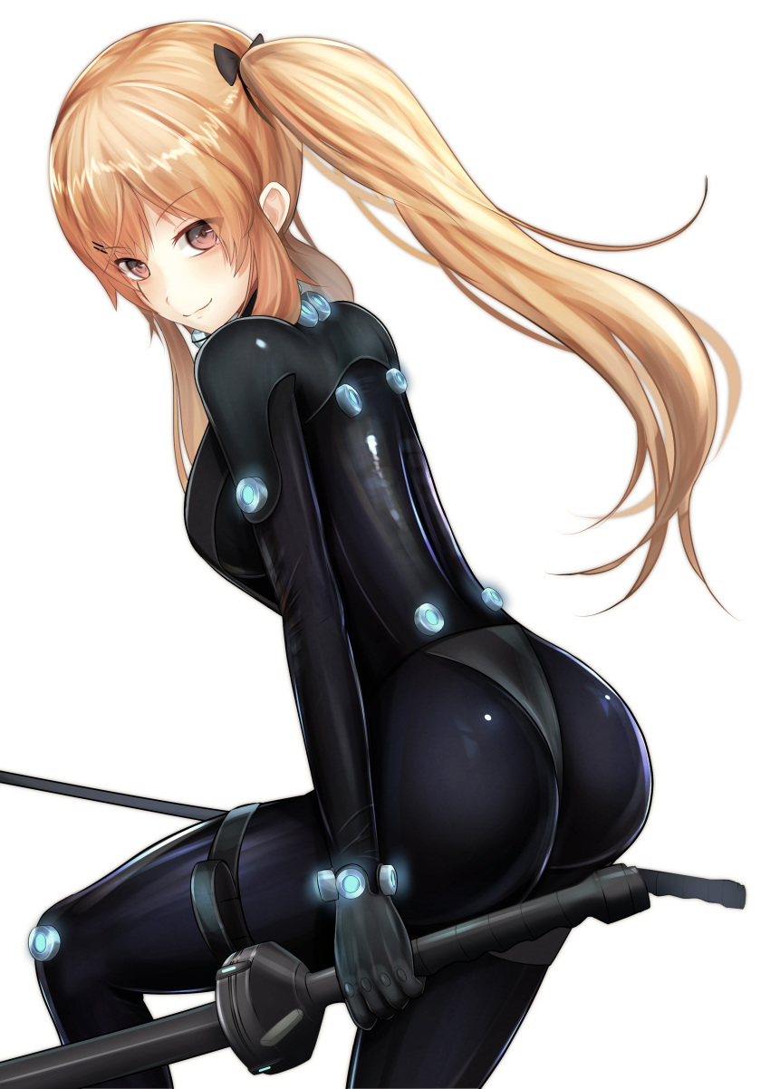1girl absurdres alternate_costume ass bangs black_bodysuit black_bow bodysuit bow breasts brown_eyes brown_hair closed_mouth eyebrows_visible_through_hair feet_out_of_frame gantz gantz_suit girls_frontline guchagucha hair_bow highres latex_bodysuit long_hair looking_at_viewer looking_back medium_breasts neon_lights scar scar_across_eye skin_tight smile solo standing twintails ump9_(girls_frontline) white_background