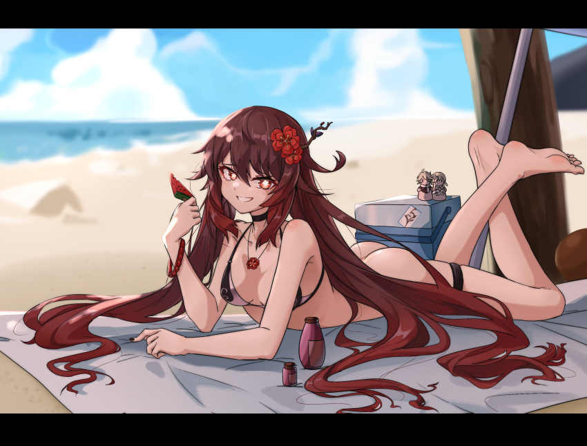 1girl aether_(genshin_impact) bangs beach bead_bracelet beads bikini black_nails blurry blurry_background bottle box bracelet breasts brown_hair carpet choker colored_tips commentary_request day flower flower-shaped_pupils food genshin_impact hair_flower hair_ornament highres holding holding_food hu_tao_(genshin_impact) jewelry kaiven long_hair looking_at_viewer lumine_(genshin_impact) lying nail_polish necklace on_stomach open_mouth outdoors plum_blossoms popsicle red_eyes red_flower redhead shiny smile solo swimsuit symbol-shaped_pupils talisman thigh_strap twintails very_long_hair watermelon_bar