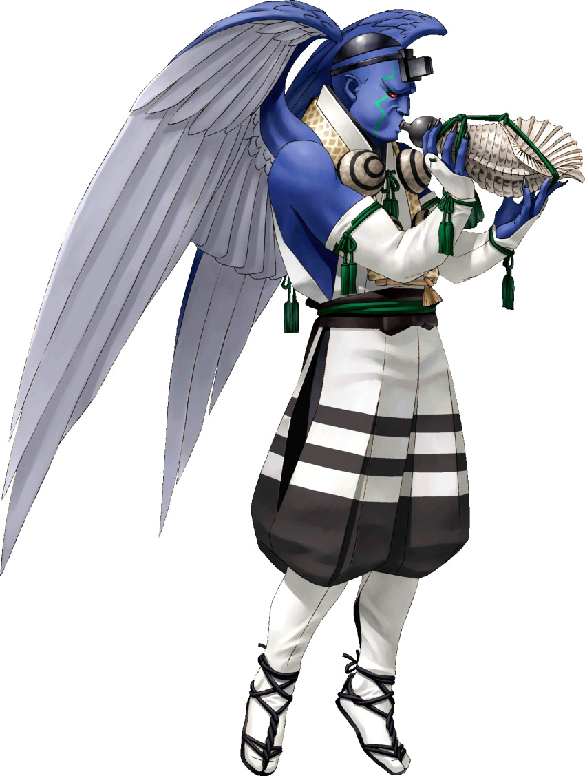 1boy bald blowing blue_skin colored_skin conch detached_sleeves feathered_wings full_body highres kazuma_kaneko kippah kurama_tengu official_art photoshop_(medium) red_eyes shin_megami_tensei solo tefillin tengu third-party_source transparent_background wings yamabushi_tengu