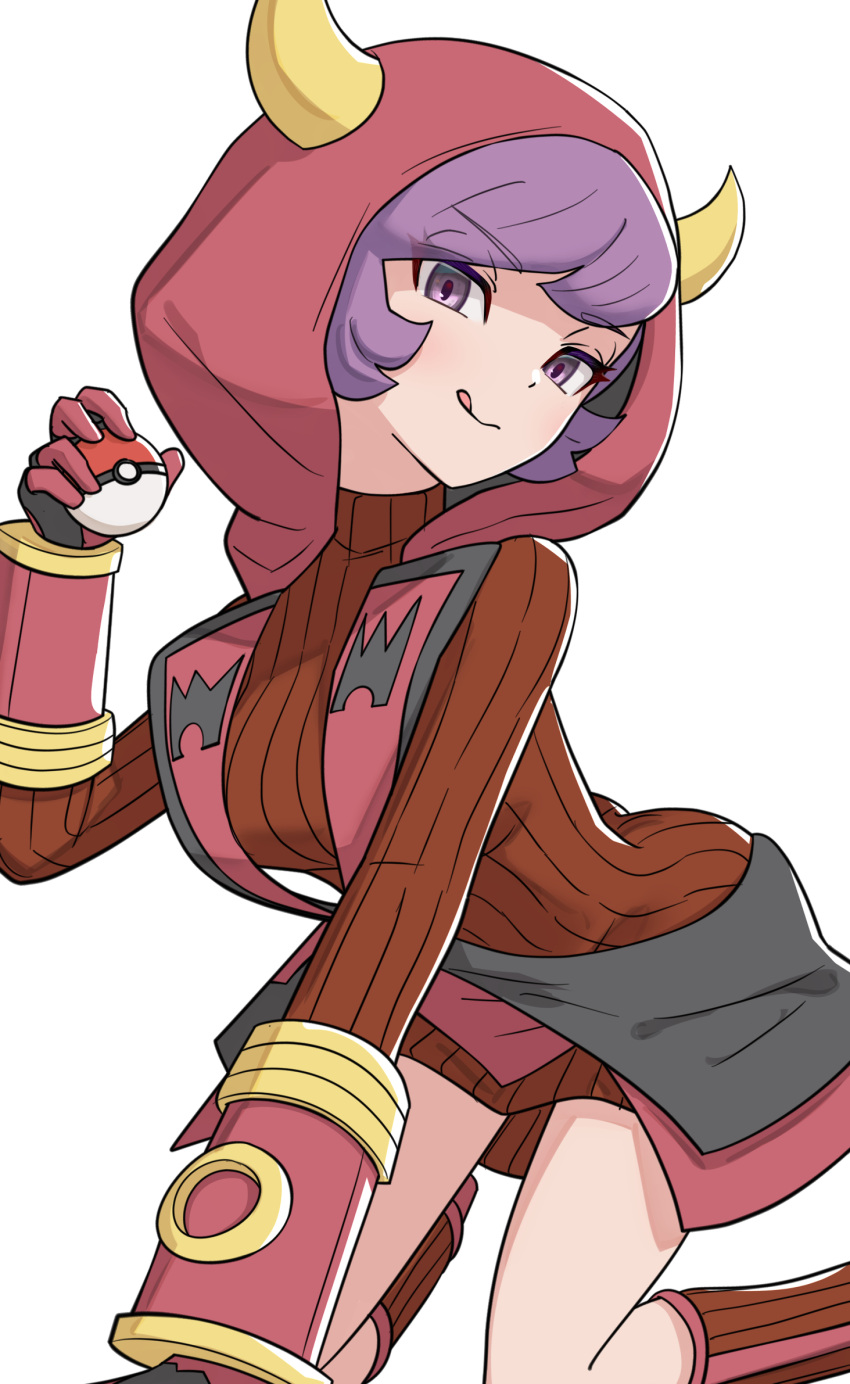 1girl :q all_fours bangs breasts brown_dress closed_mouth commentary courtney_(pokemon) dress eyebrows_visible_through_hair eyelashes fake_horns gloves gonzarez hand_up highres holding holding_poke_ball hood hood_up horns looking_at_viewer poke_ball pokemon pokemon_(game) pokemon_oras purple_hair ribbed_dress short_hair simple_background smile solo sweater sweater_dress team_magma tongue tongue_out turtleneck_dress white_background