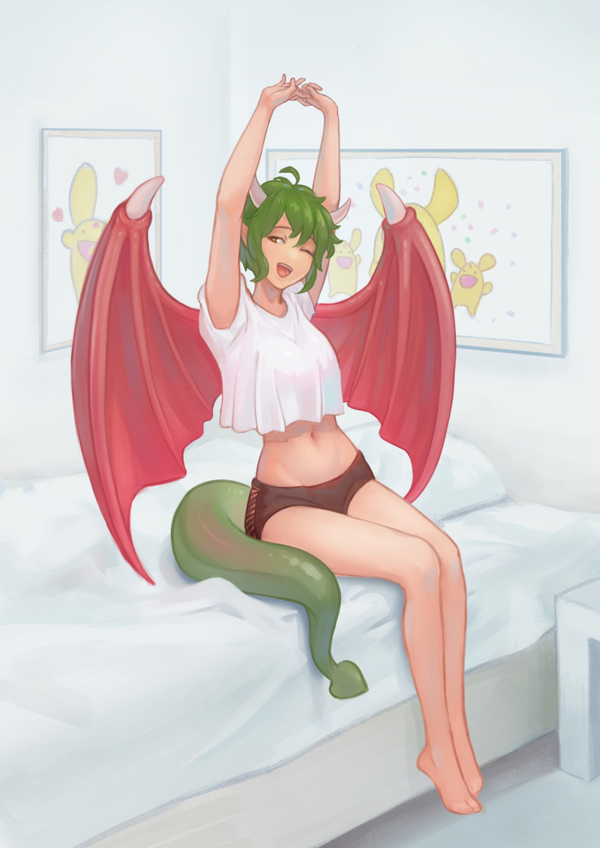 1girl ;p absurdres carbuncle_(puyopuyo) draco_centauros drelouder green_hair highres horns navel one_eye_closed open_mouth pajamas puyopuyo short_hair shorts smile solo stretch tail tongue tongue_out underwear wings yellow_eyes