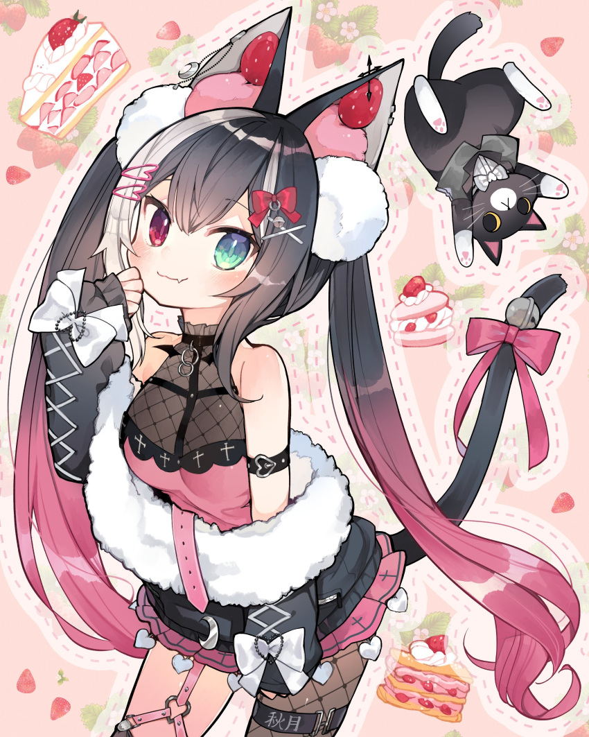 1girl absurdres animal_ears asymmetrical_legwear bangs black_hair black_legwear cake cake_slice cat commission dip-dyed_hair food green_eyes hair_ornament hairclip highres indie_virtual_youtuber long_hair mismatched_legwear pink_hair qiu_yue_(vtuber) sakutake_(ue3sayu) solo tail tail_ornament white_hair x_hair_ornament