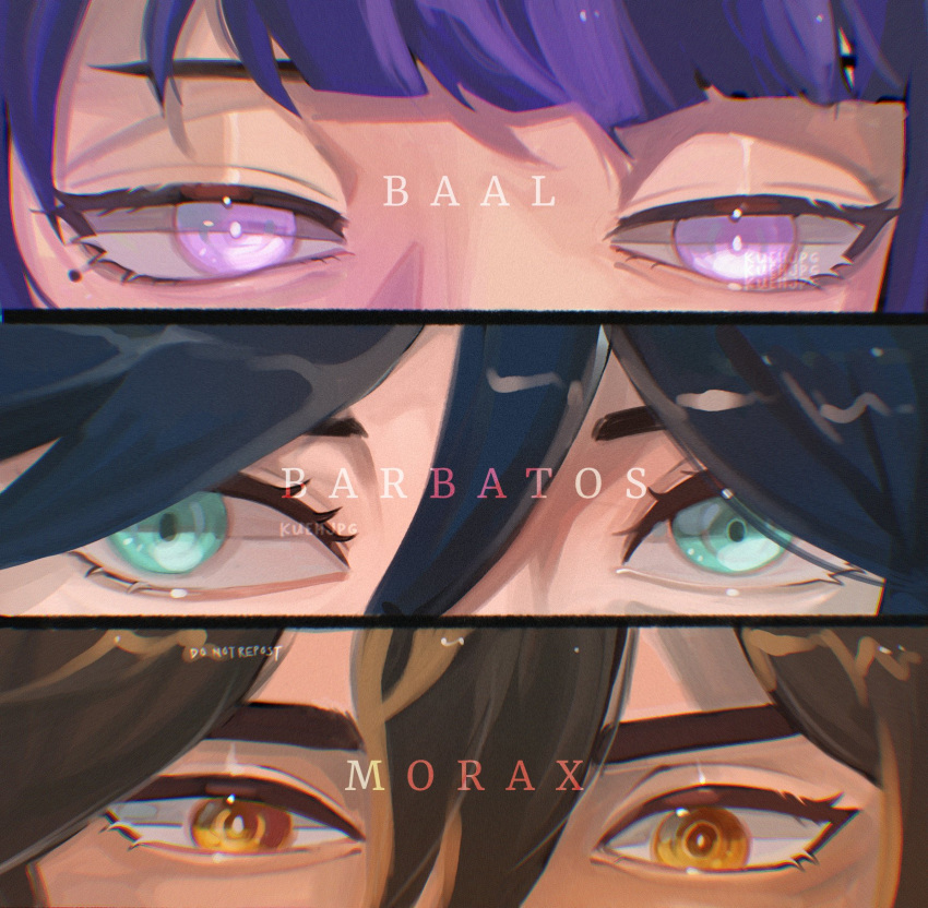 1girl 2boys black_hair brown_hair character_name commentary english_commentary eyes genshin_impact green_eyes highres kuehjpg looking_at_viewer mole mole_under_eye multiple_boys purple_hair raiden_(genshin_impact) shiny shiny_hair venti_(genshin_impact) violet_eyes yellow_eyes zhongli_(genshin_impact)