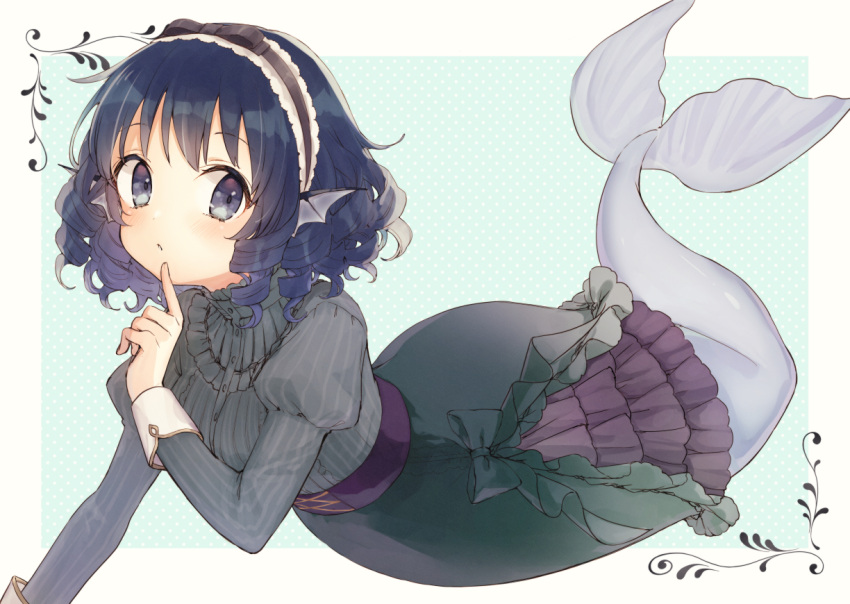 1girl alternate_costume blue_background blue_eyes blue_hair dress frilled_hairband frills full_body green_dress hairband hand_up head_fins honotai index_finger_raised juliet_sleeves lolita_hairband long_sleeves looking_at_viewer mermaid monster_girl polka_dot polka_dot_background puffy_sleeves ringlets solo touhou wakasagihime