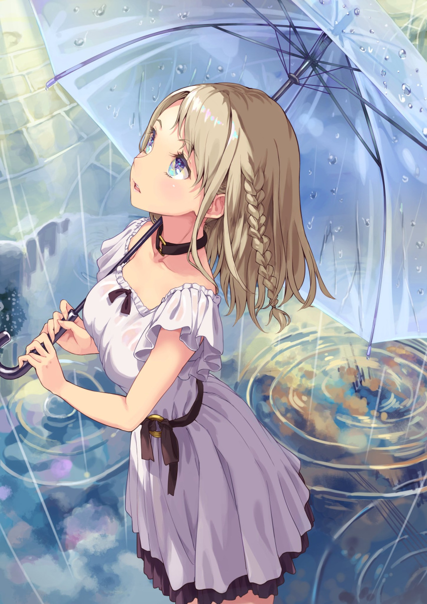 1girl bangs black_collar blue_eyes blue_umbrella blush braid breasts brown_hair collar commentary_request dress eyebrows_visible_through_hair highres hinoki_yuu holding holding_umbrella long_hair looking_away looking_up original parted_lips pleated_dress puddle rain ripples see-through short_sleeves small_breasts solo umbrella upper_teeth water wet wet_clothes wet_dress white_dress