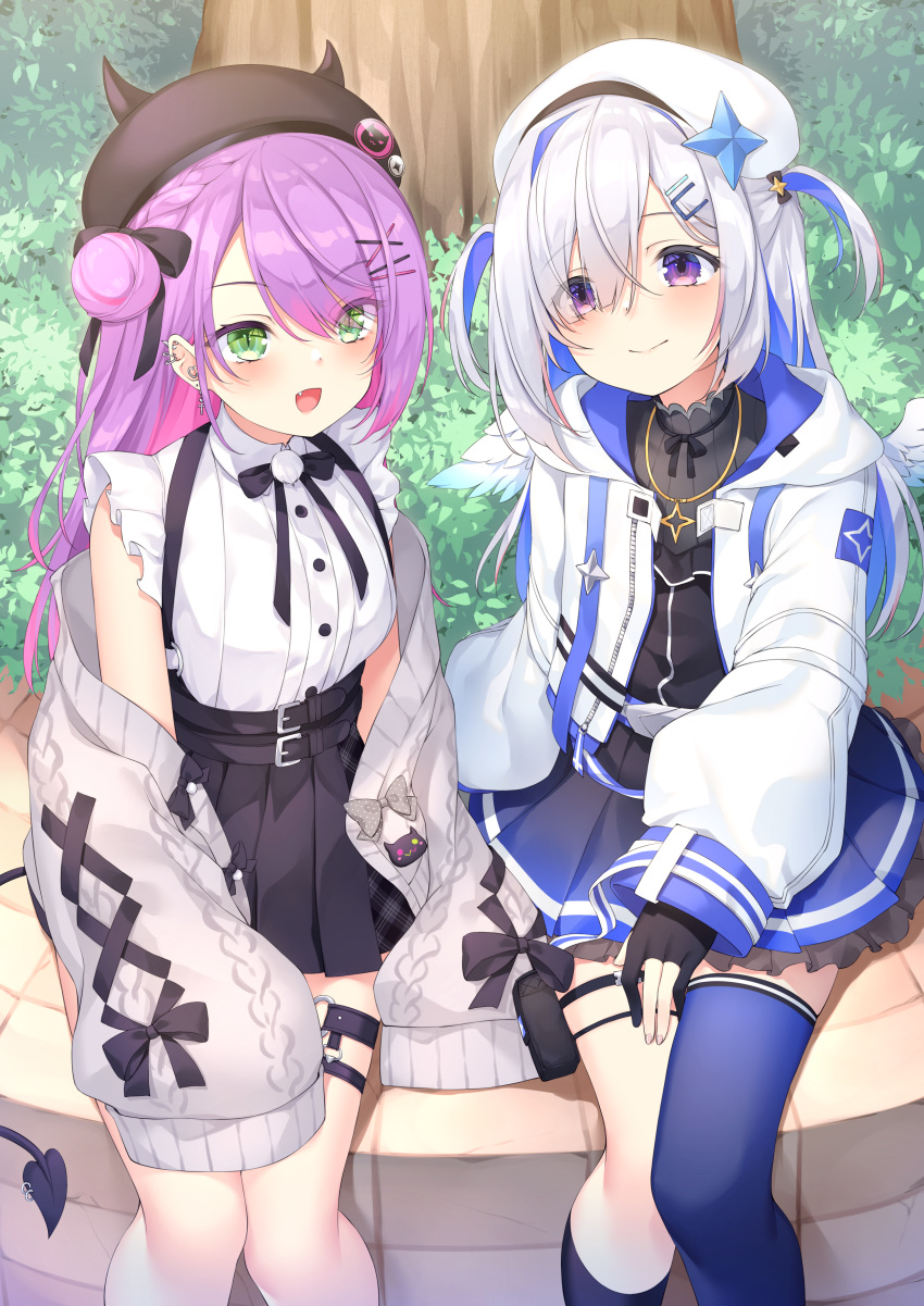 2girls absurdres amane_kanata asymmetrical_legwear bangs belt beret bibi_(tokoyami_towa) black_belt black_gloves black_headwear black_legwear black_ribbon black_shirt black_skirt blue_hair blue_legwear blue_skirt blush breasts bush cardigan chiyonekoko closed_mouth colored_inner_hair commentary cowboy_shot demon_tail eyebrows_visible_through_hair eyes_visible_through_hair fang fingerless_gloves flat_chest gloves green_eyes grey_cardigan hair_between_eyes hair_bun hair_ornament hairclip hat hat_pin heart_ring highres hololive hood hooded_jacket horned_headwear jacket jewelry kneehighs long_hair long_sleeves looking_at_viewer medium_breasts miniskirt mismatched_legwear multicolored_hair multiple_girls neck_ribbon necklace o-ring o-ring_legwear off_shoulder official_alternate_costume open_cardigan open_clothes open_jacket open_mouth parted_bangs piercing pink_hair pleated_skirt pom_pom_(clothes) purple_hair ribbon shirt short_twintails silver_hair single_kneehigh single_thighhigh sitting skirt sleeveless sleeveless_shirt smile star_(symbol) star_necklace tail tail_ornament tail_piercing thigh-highs thigh_strap thighs tokoyami_towa tree turtleneck twintails two-tone_hair two_side_up uneven_legwear violet_eyes virtual_youtuber white_headwear white_jacket white_shirt