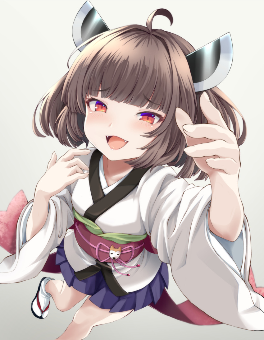 1girl :d brown_hair commentary_request eyebrows_visible_through_hair fangs grey_background highres japanese_clothes kimono looking_at_viewer medium_hair obi open_mouth purple_skirt redhead sash skirt smile solo tabi tokiro_ed29689 touhoku_kiritan voiceroid white_kimono white_legwear wide_sleeves