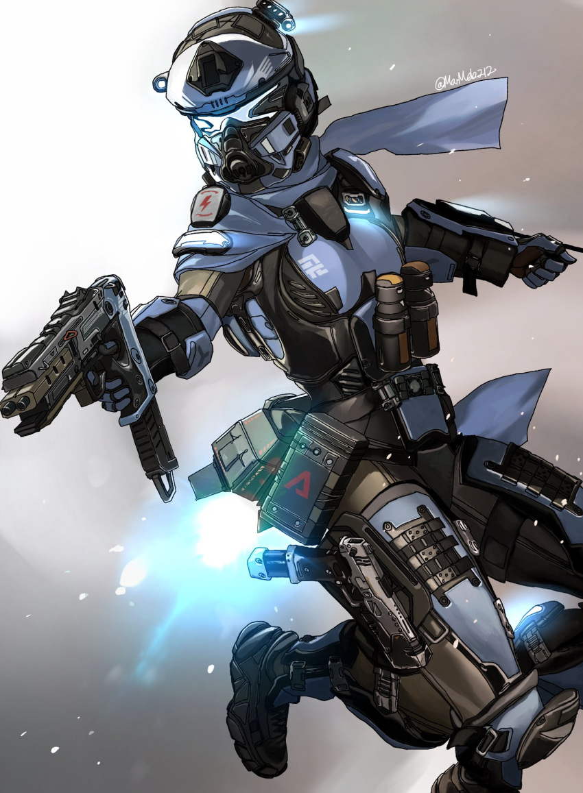 1girl alternator blue_scarf breasts explosive grenade gun handgun helmet highres holding holding_gun holding_weapon holstered_weapon kotone_a looking_to_the_side medium_breasts pilot_(titanfall_2) pistol re-45_auto scarf science_fiction solo submachine_gun titanfall_(series) titanfall_2 weapon