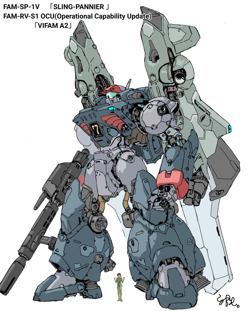 1girl clenched_hand ginga_hyouryuu_vifam gun highres holding holding_gun holding_weapon mecha radio_antenna redesign science_fiction shisaton. size_comparison solo_focus thrusters vifam visor weapon white_background