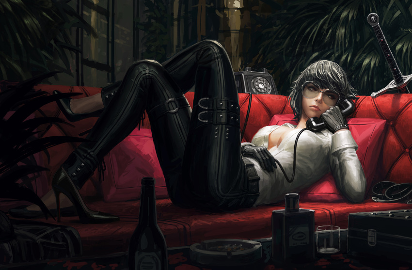 1girl ashtray bangs belt black_gloves black_hair bottle breasts corded_phone crossed_legs dress_shirt glasses gloves guweiz highres large_breasts lips lying no_bra on_back open_clothes open_shirt original phone red_eyes rimless_eyewear rotary_phone shirt shoe_removed short_hair solo swept_bangs sword weapon