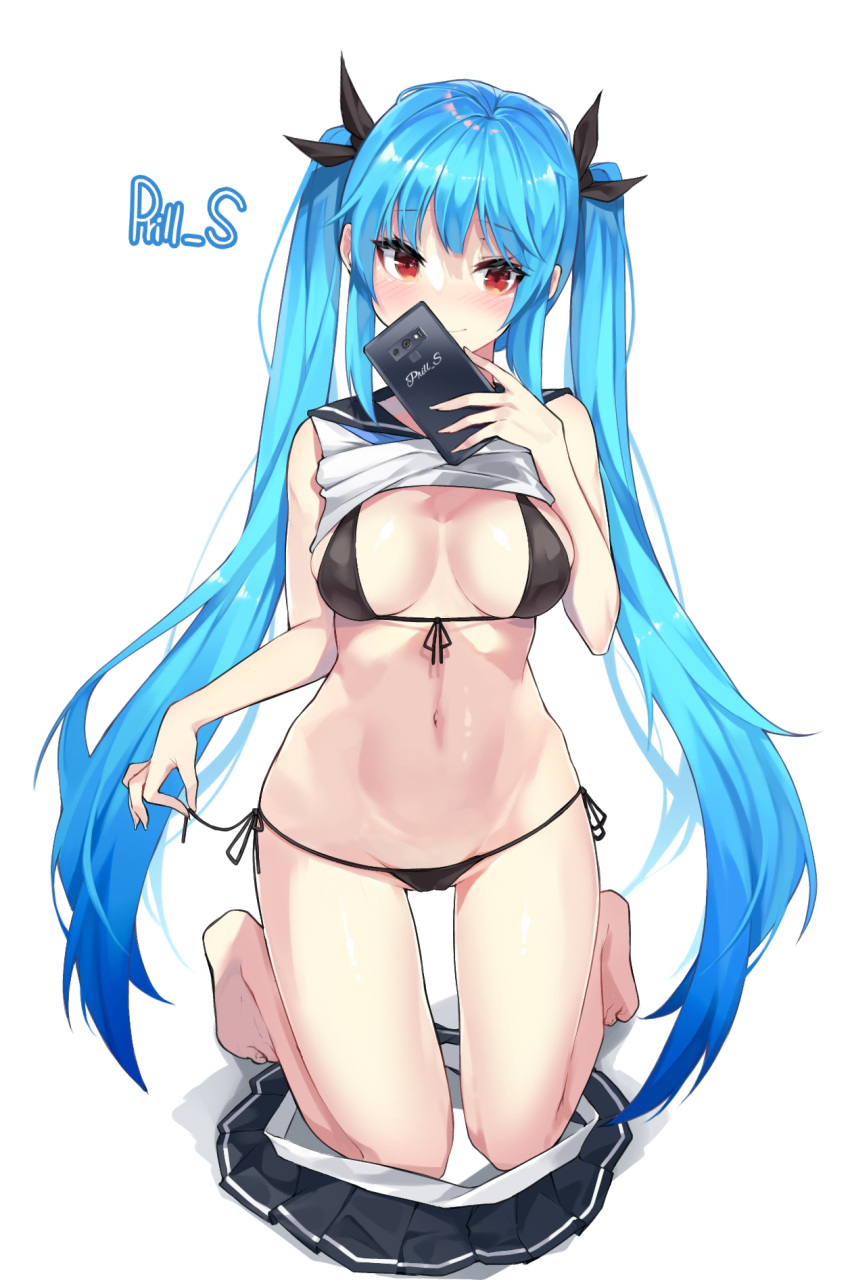 1girl bangs bare_legs barefoot bikini black_bikini black_ribbon black_sailor_collar black_skirt blue_hair blush breasts cellphone character_request chukibabo2 closed_mouth commentary_request commission dungeon_and_fighter eyebrows_visible_through_hair front-tie_bikini front-tie_top full_body hair_ribbon highres holding holding_phone kneeling korean_commentary long_hair looking_at_viewer medium_breasts miniskirt navel phone pleated_skirt red_eyes ribbon sailor_collar shirt side-tie_bikini simple_background skirt skirt_removed sleeveless sleeveless_shirt smartphone smile solo stomach swimsuit twintails very_long_hair white_background white_shirt