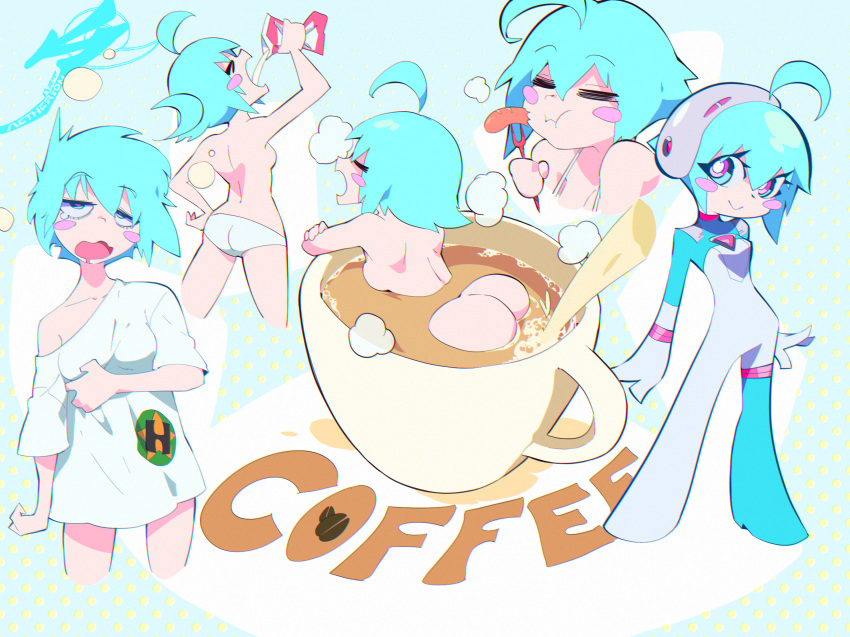 &gt;_&lt; 1girl aetherion ahoge aqua_eyes aqua_hair ass bathing blush blush_stickers breasts coffee coffee_cup cropped_legs cup disposable_cup eating english_commentary english_text food fork full_body highres in_container in_cup medium_breasts messy_hair morning multicolored multicolored_eyes multiple_views original panties pink_eyes pouring sausage shirt short_hair space_girl_(aetherion) underwear white_panties white_shirt