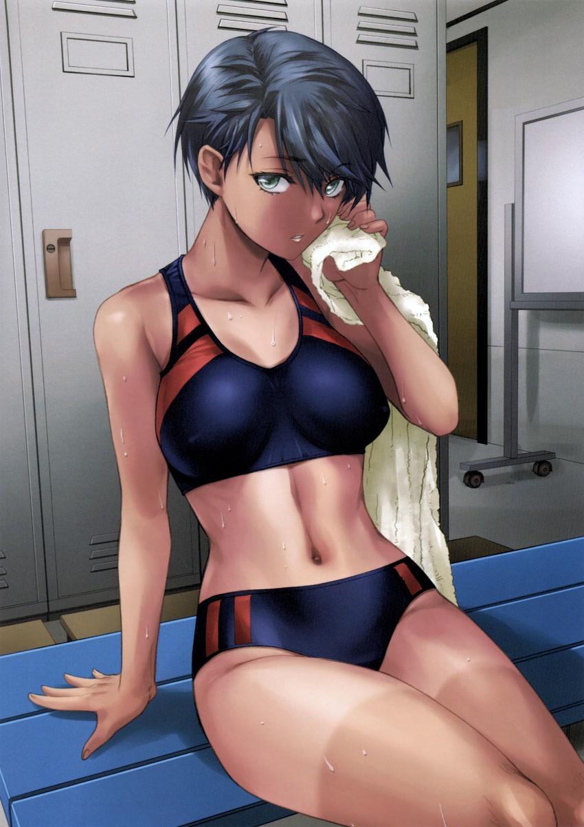 1girl absurdres black_hair dark-skinned_female dark_skin feet_out_of_frame green_eyes highres indoors locker locker_room looking_at_viewer midriff navel on_bench original scan shorts_tan sitting solo sports_bra tan tanlines