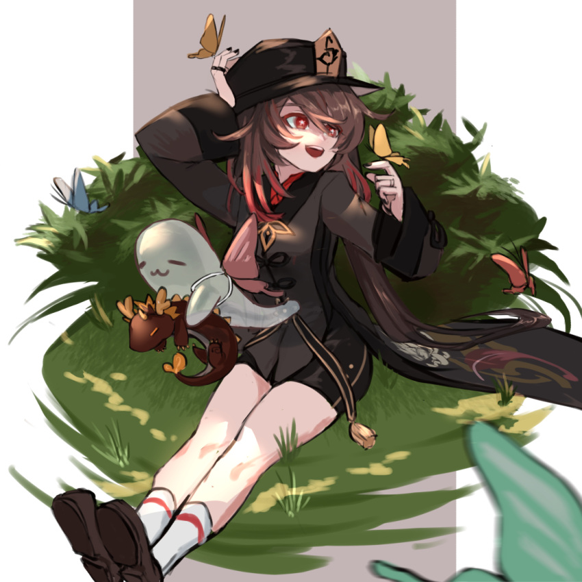 1girl bangs black_headwear black_nails black_shorts blurry blurry_foreground breasts brooch brown_hair bug butterfly butterfly_on_hand closed_eyes closed_mouth coat coattails collared_coat collared_shirt colored_tips commentary_request dragon eastern_dragon flower-shaped_pupils genshin_impact ghost grass grey_background hand_on_headwear hat hat_ornament hu_tao_(genshin_impact) insect jewelry kizuku_vii long_hair long_sleeves nail_polish open_mouth porkpie_hat red_eyes red_shirt redhead rex_lapis_(genshin_impact) ring shirt shoes shorts simple_background sitting smile socks solo symbol-shaped_pupils talisman tassel twintails white_background white_legwear wide_sleeves