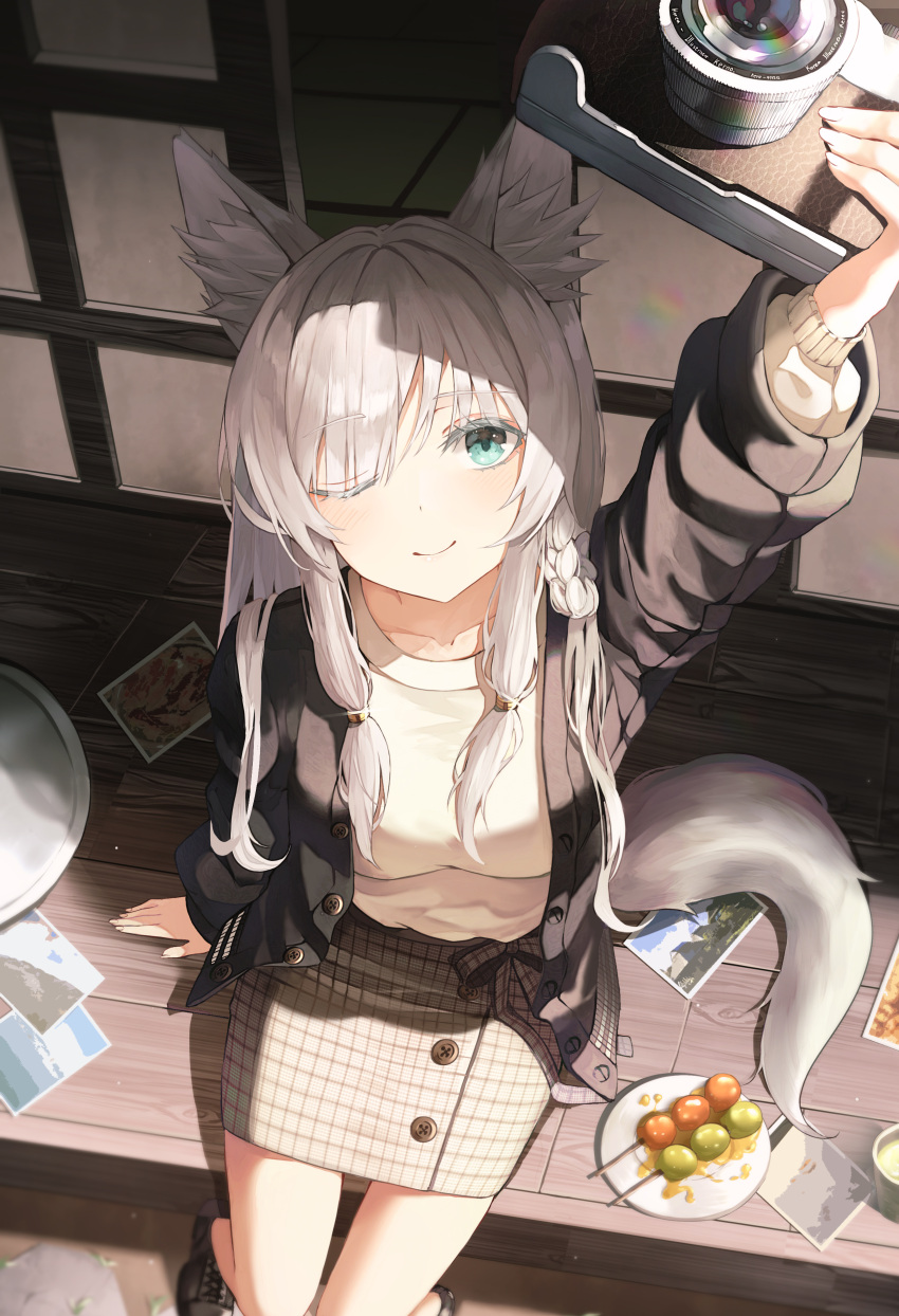 1girl ;) absurdres animal_ear_fluff animal_ears aqua_eyes arm_up black_jacket blush braid breasts brown_skirt camera closed_mouth collarbone dango day food fox_ears fox_tail from_above highres holding holding_camera jacket kerno long_hair long_sleeves looking_at_viewer looking_up medium_breasts on_floor one_eye_closed open_clothes open_jacket original outdoors photo_(object) plaid plaid_skirt plate sidelocks silver_hair sitting skirt smile solo tail unbuttoned wagashi wooden_floor