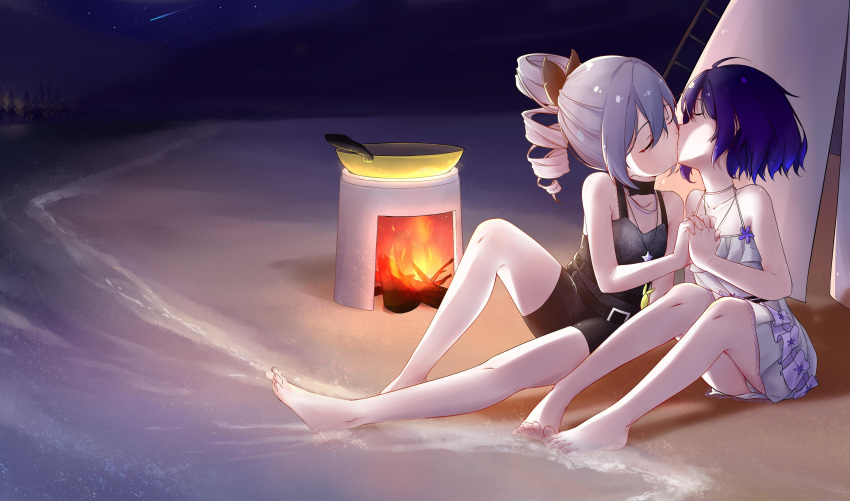 2girls absurdres bare_shoulders barefoot beach black_ribbon blue_hair bronya_zaychik closed_mouth collarbone drill_hair drill_ponytail facing_another fire gradient_hair hair_ribbon highres holding_hands honkai_(series) honkai_impact_3rd interlocked_fingers kiss multicolored_hair multiple_girls night night_sky pan ponytail purple_hair ribbon sand seele_vollerei short_hair silver_hair sitting sky star_(sky) starry_sky stove tree water wzdbslolik yuri