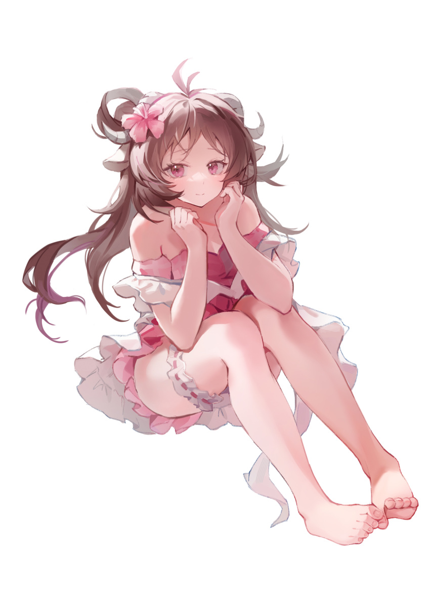 1girl absurdres ahoge animal_ears arknights bare_legs bare_shoulders barefoot blush breasts brown_hair closed_mouth commentary eyjafjalla_(arknights) eyjafjalla_(summer_flowers)_(arknights) flower frilled_swimsuit frills full_body hair_flower hair_ornament hair_rings hibiscus highres horns ibbca long_hair looking_at_viewer medium_breasts official_alternate_costume pink_eyes pink_swimsuit plaid plaid_swimsuit sheep_ears sheep_horns simple_background smile solo swimsuit thigh_strap white_background