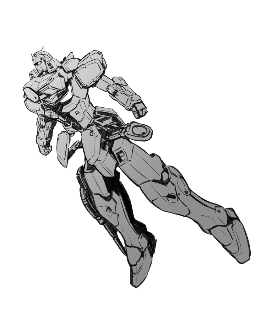 absurdres clenched_hands gattai greyscale gundam highres ishiyumi looking_up mecha mobile_suit monochrome no_humans science_fiction solo v-fin v_gundam victory_gundam white_background