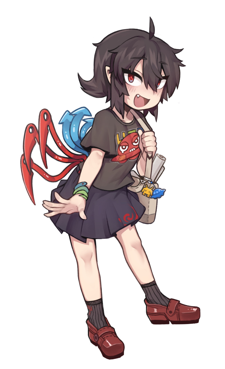1girl absurdres ahoge asymmetrical_wings bag black_hair black_legwear black_shirt black_skirt blue_wings fang highres houjuu_nue keychain looking_at_viewer nyong_nyong open_mouth pointy_ears red_eyes red_wings shirt shoes short_hair simple_background skirt snake t-shirt touhou white_background wings wristband