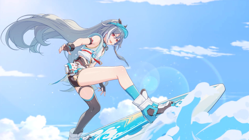 1065587906 1girl :d absurdres asymmetrical_legwear bird black_gloves black_legwear blue_legwear blue_sky breasts chicken clouds cloudy_sky dress fingerless_gloves fu_hua fu_hua_(herrscher_of_sentience) full_body gloves goggles goggles_around_neck grey_hair hat highres honkai_(series) honkai_impact_3rd long_hair ocean open_mouth outdoors red_eyes shoes sky sleeveless small_breasts smile sneakers solo standing summer summer_uniform sundress surfboard surfing thigh-highs uneven_legwear v-shaped_eyebrows waves