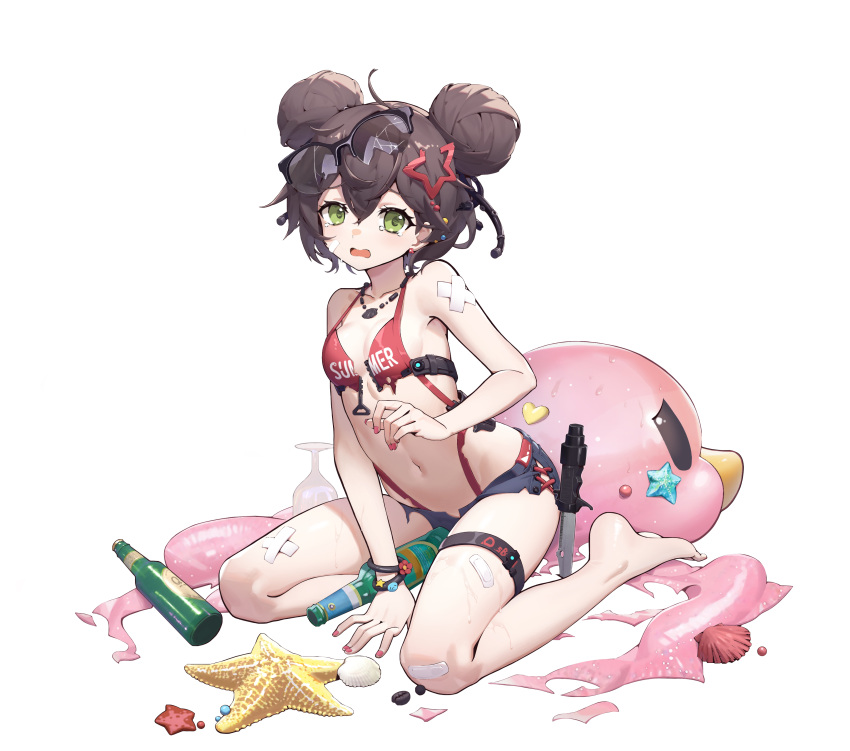 1girl absurdres barefoot bottle breasts brown_hair camera_phone chunrijun_(springer) double_bun eyebrows_visible_through_hair eyewear_on_head floor girls_frontline green_eyes hair_ornament hand_on_floor highres knife legs looking_at_viewer medium_hair navel official_art on_floor open_mouth patch qsb-91_(girls_frontline) red_swimsuit simple_background small_breasts solo star_(symbol) star_hair_ornament starfish summer swimsuit tears torn_clothes torn_swimsuit viewfinder