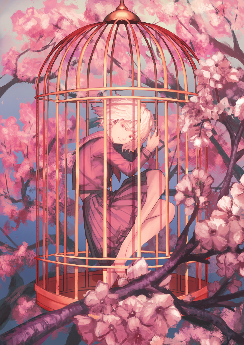 1girl absurdres barefoot branch cage cherry_blossoms closed_eyes fingernails flower highres huge_filesize long_skirt looking_at_viewer original pink_eyes pink_flower pink_theme purple_serafuku purple_skirt school_uniform seiya_(artist) serafuku short_hair skirt smile solo toenails tree uniform white_hair