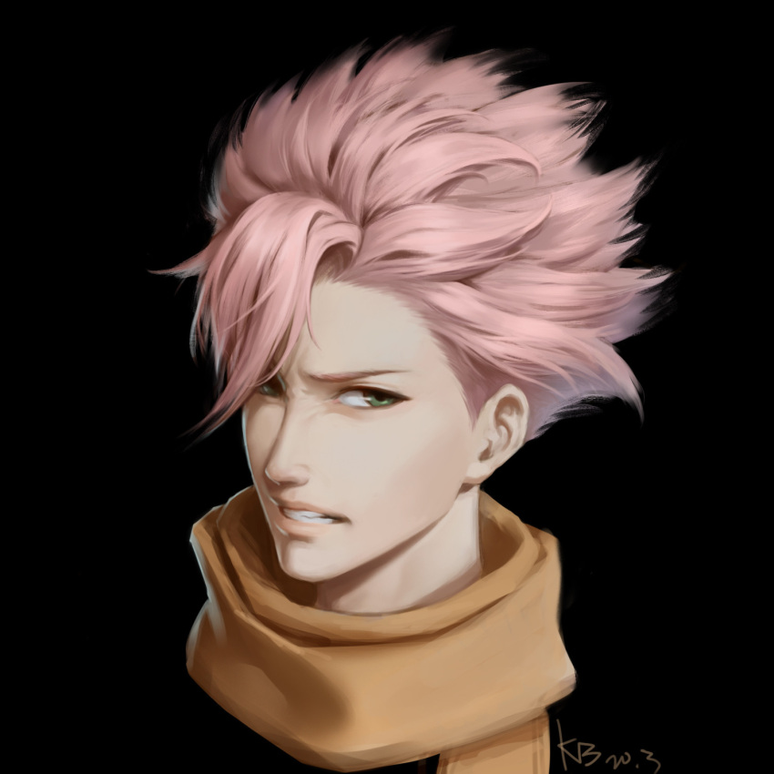 1boy black_background commentary green_eyes hair_over_one_eye highres id_:invaded kong_zhaowen looking_at_viewer male_focus parted_lips pink_hair portrait scarf simple_background solo yellow_scarf