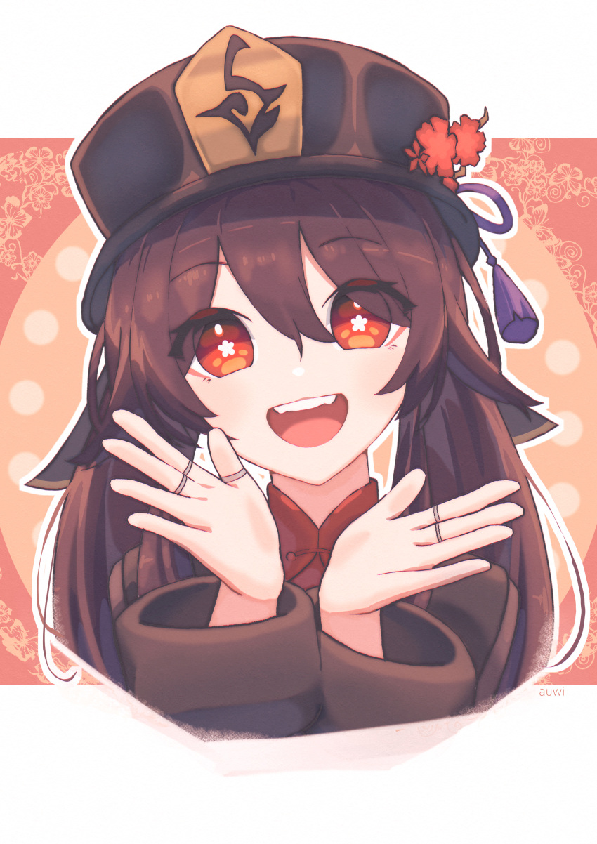 1girl absurdres auwi bangs black_headwear brown_hair chinese_clothes eyebrows_visible_through_hair flower genshin_impact hat hat_flower highres hu_tao_(genshin_impact) jewelry long_hair long_sleeves looking_at_viewer multiple_rings open_mouth orange_eyes plum_blossoms ring solo twintails