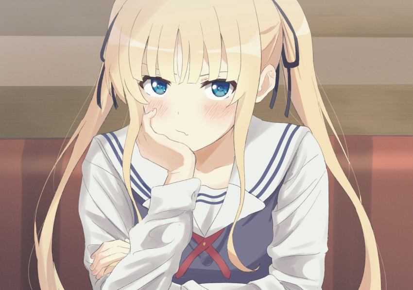 1girl bangs blonde_hair blue_eyes blush character_request check_character closed_mouth hand_on_own_face highres indoors long_hair long_sleeves looking_at_viewer saenai_heroine_no_sodatekata sawamura_spencer_eriri school_uniform serafuku sincos sitting solo twintails