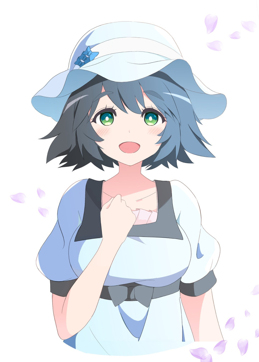 1girl black_hair blue_dress blue_headwear breasts bright_pupils clenched_hand commentary commission cropped_torso dress flipped_hair green_eyes hand_on_own_chest hand_up hat hat_ribbon highres looking_at_viewer medium_breasts memoi mob_cap open_mouth petals puffy_short_sleeves puffy_sleeves ribbon shiina_mayuri shiny shiny_hair short_hair short_sleeves simple_background skeb_commission smile solo steins;gate upper_body white_background white_pupils white_ribbon