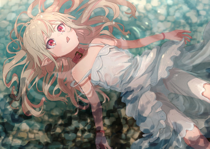 1girl afloat bare_shoulders blush bracelet collar dress fang feet_out_of_frame from_above grey_hair highres jewelry long_hair makaino_ririmu multicolored_hair nijisanji open_mouth panties partially_submerged pink_hair pointy_ears red_collar red_eyes sabamen see-through skin_fang solo strap_slip two-tone_hair underwear virtual_youtuber water wet white_dress white_panties