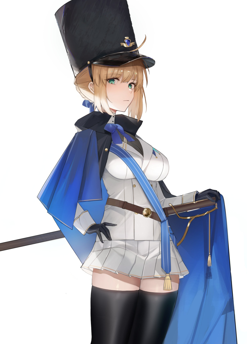 1girl absurdres afpl_(parrotz4) alternate_costume artoria_pendragon_(all) blue_ribbon blush braid breasts fate/grand_order fate_(series) french_braid green_eyes hand_on_hip hat headwear_request highres large_breasts looking_at_viewer pleated_skirt ribbon saber skirt solo sword thigh-highs thighs weapon white_background zettai_ryouiki