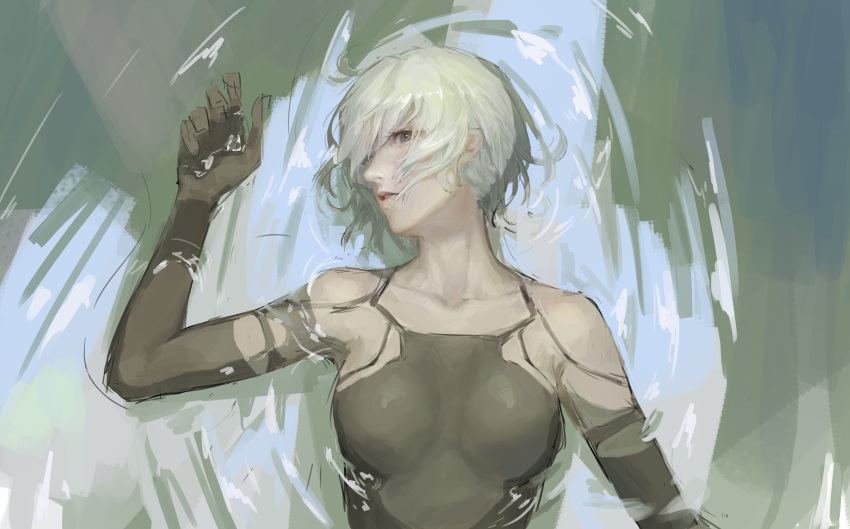 1girl absurdres android bangs bare_shoulders black_eyes black_gloves black_shirt breasts elbow_gloves from_above gloves hair_between_eyes highres long_hair looking_at_viewer lying nier_(series) nier_automata on_back one_eye_closed open_mouth shirt sleeveless solo water wet wet_clothes wet_hair white_hair world_(1257843324) yorha_type_a_no._2