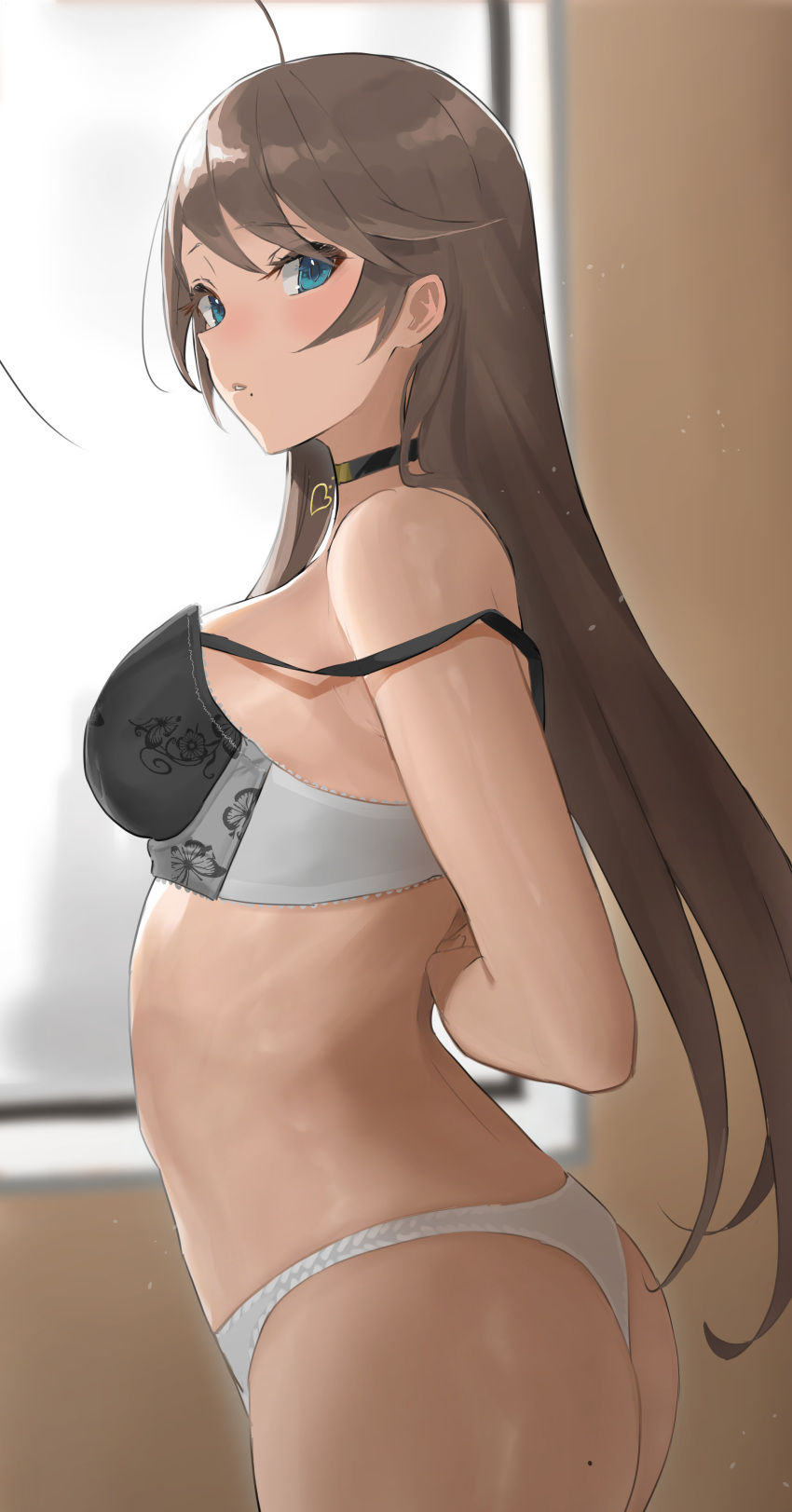 1girl absurdres antenna_hair aqua_eyes arched_back ass bangs black_choker blush bra breasts brown_hair choker eyebrows_visible_through_hair floral_print heart heart_choker highres indoors long_hair looking_at_viewer looking_to_the_side medium_breasts mole mole_on_ass mole_under_mouth original panties parted_lips solo strap_slip takita_(takita3411) thong two-tone_bra underwear underwear_only unfastened white_panties window