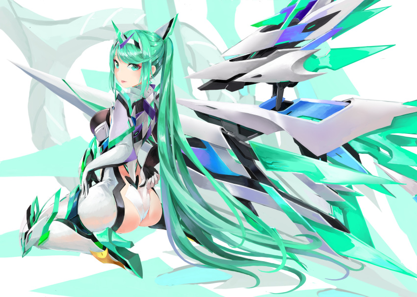 1girl bangs breasts earrings gloves green_eyes green_hair high_heels highres jewelry large_breasts long_hair mechanical_wings pneuma_(xenoblade) ponytail solo swept_bangs tiara tim_(a9243190a) very_long_hair wings xenoblade_chronicles_(series) xenoblade_chronicles_2