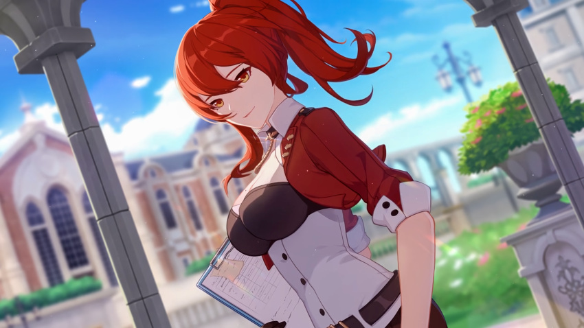 1065587906 1girl alternate_hairstyle bangs black_gloves blue_sky blurry blurry_background cathedral clipboard closed_mouth clouds cloudy_sky column gloves grass hair_between_eyes highres holding honkai_(series) honkai_impact_3rd jacket long_hair looking_at_viewer murata_himeko murata_himeko_(battle_storm) outdoors paper pillar plant ponytail red_jacket redhead shadow sky sleeves_rolled_up smile solo yellow_eyes