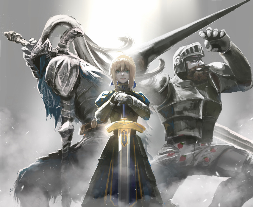 1girl 2boys absurdres ahoge armor armored_dress arms_up artoria_pendragon_(all) artorias_the_abysswalker artorius_collbrande bangs beard blonde_hair blue_capelet blue_dress boxers breastplate capelet closed_mouth crossover dark_souls_i dress excalibur_(fate/stay_night) faceless faceless_male facial_hair fate/stay_night fate_(series) faulds feet_out_of_frame fighting_stance full_armor gauntlets greatsword green_eyes grey_background hands_on_hilt helmet highres holding holding_lance holding_polearm holding_sword holding_weapon hood juliet_sleeves knight koromoya_kai lance long_sleeves looking_at_viewer makaimura male_underwear multiple_boys over_shoulder pauldrons planted planted_sword plume polearm puffy_sleeves saber shoulder_armor sir_arthur_(makaimura) souls_(series) standing sword underwear weapon weapon_over_shoulder